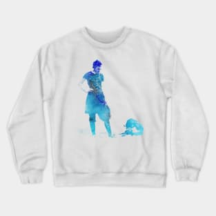 Woman And Dog At The Beach in Blue Crewneck Sweatshirt